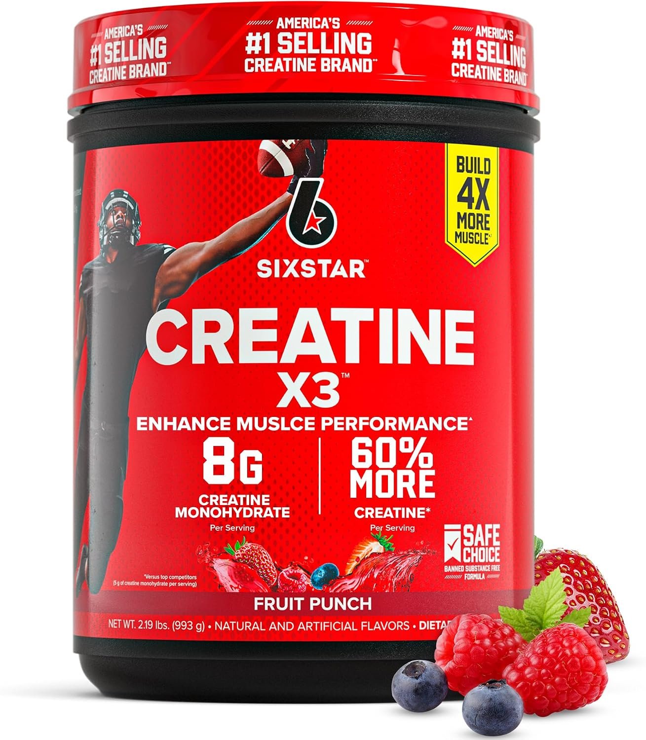 Six Star Creatine Monohydrate Powder, X3 (Fruit Punch) – 30 Servings | Flavored Creatine Powder Monohydrate Supplement for Muscle Building & Performance, Post Workout Supplement for Men, Women