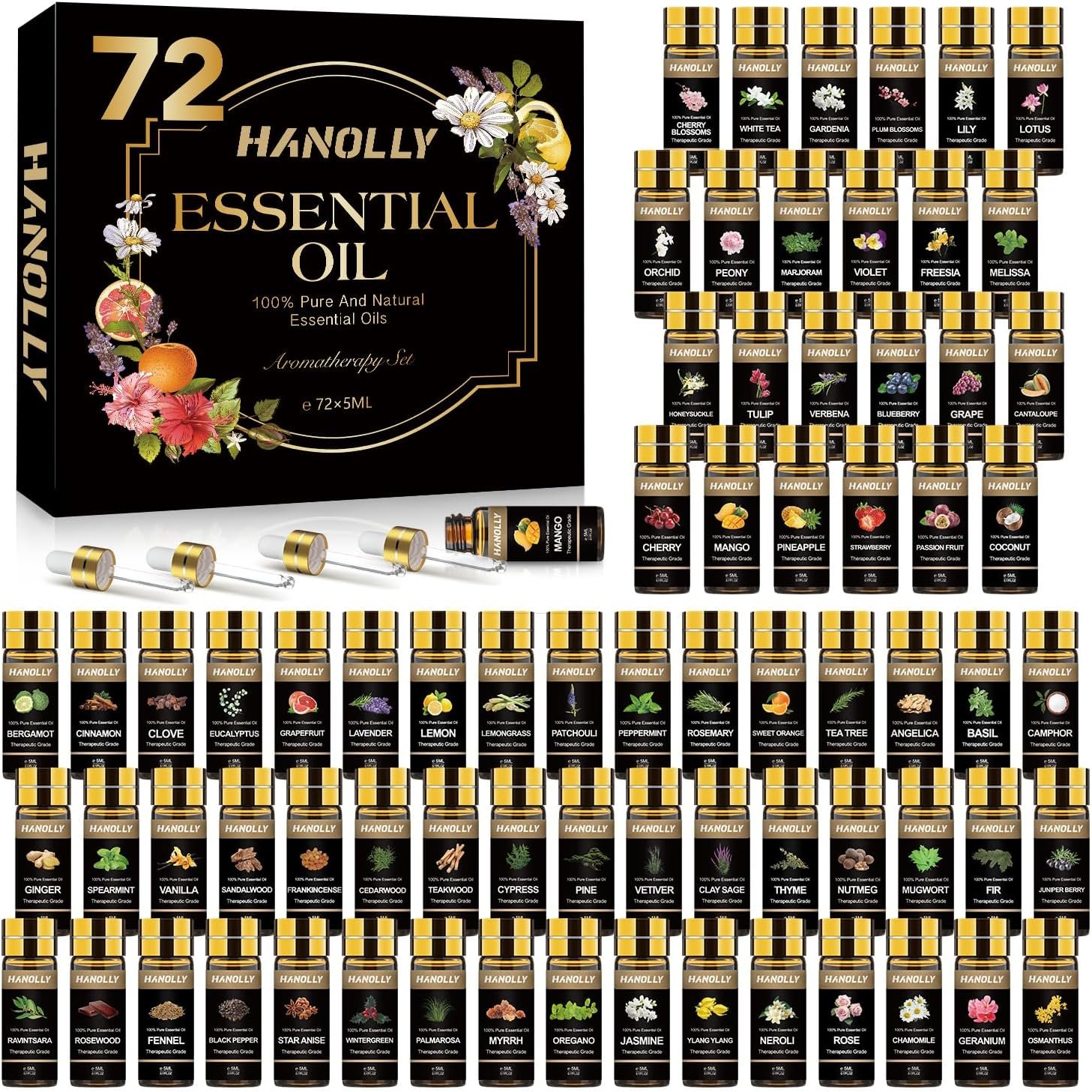 72 Pcs Pure Essential Oils Gift Set for Diffuser, Humidifier, Massage, Skin | Pure Fragrance Oils for Candle & Soap Making, Aromatherapy Gifts for Women & Men, Tea Tree, Lavender, Eucalyptus More72 * 5ML