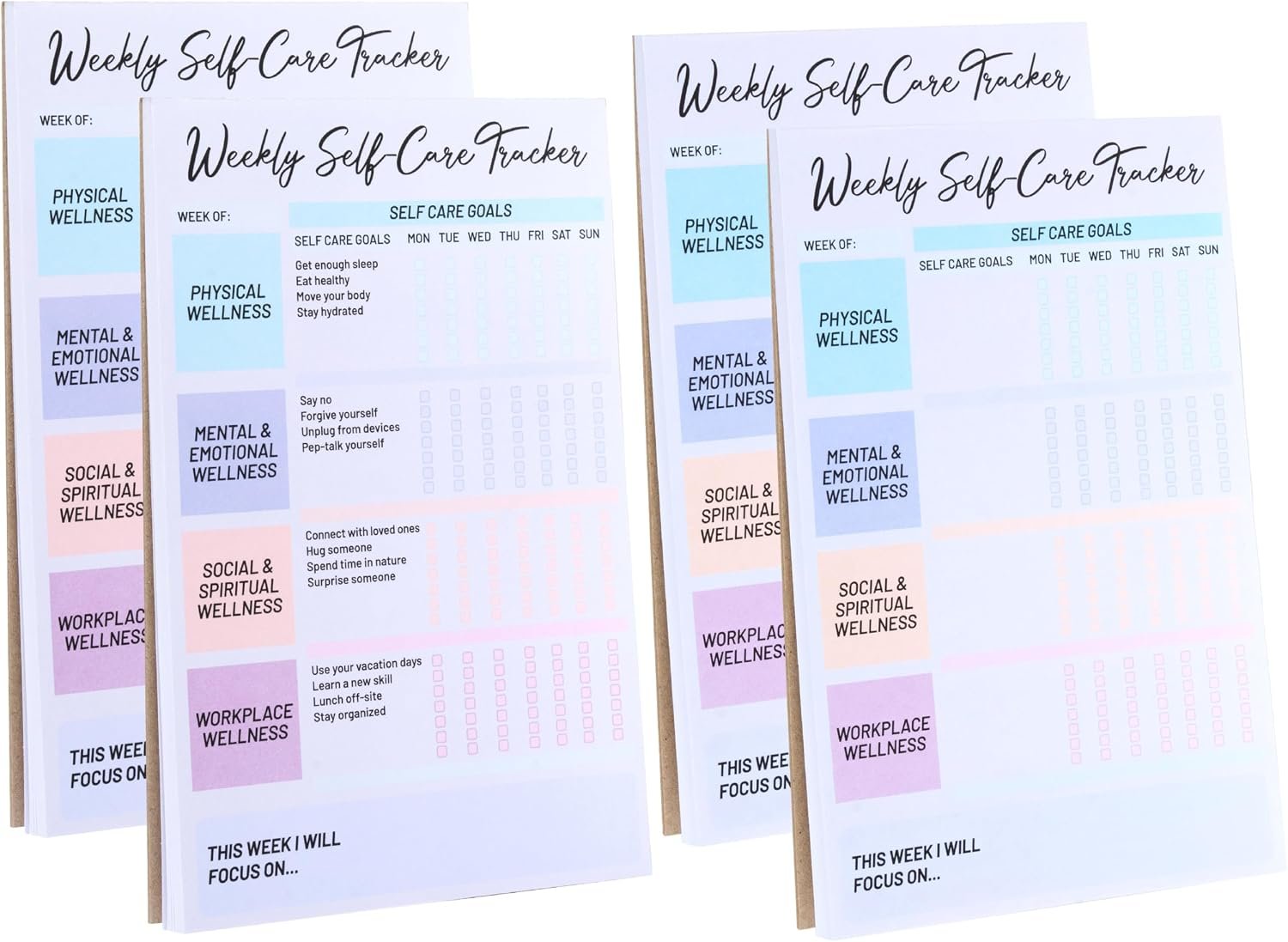 4 Pack Self Care Weekly Tracker Notepads (2 Blank + 2 Guided), 6 x 9 Inch Planner Pads, 52 Pages Each, Undated Self Care Pads for Physical, Mental and Emotional, Social and Spiritual, Workplace
