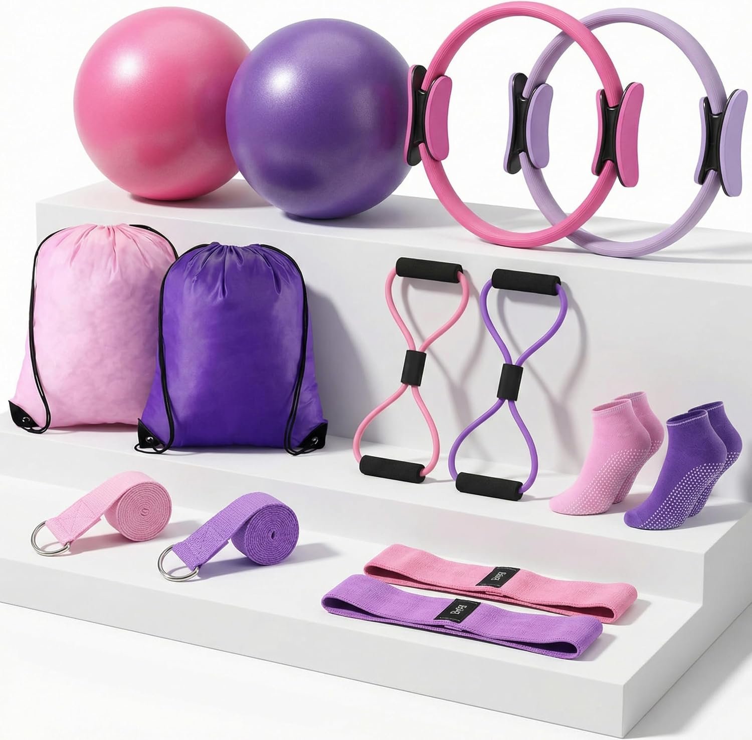 Poen Pilates Equipment Kit for Home Workout Pilates Ring and Ball Set for Women 12” Circle Yoga Fitness Essentials Kit with Resistance Bands, Yoga Strap, Socks,Bag