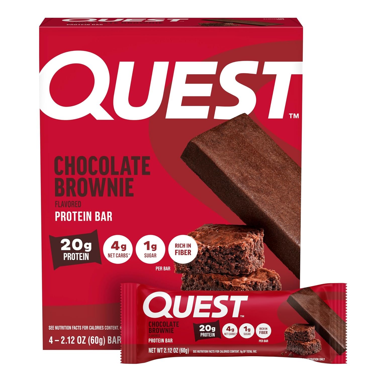 Quest Nutrition Chocolate Brownie Protein Bar, 20g Protein, 4 Count | 15g Fiber, 4g Net Carbs, Gluten Free, High Quality Protein, Soft and Chewy Protein Bar, Individually Wrapped 2.12oz Bars