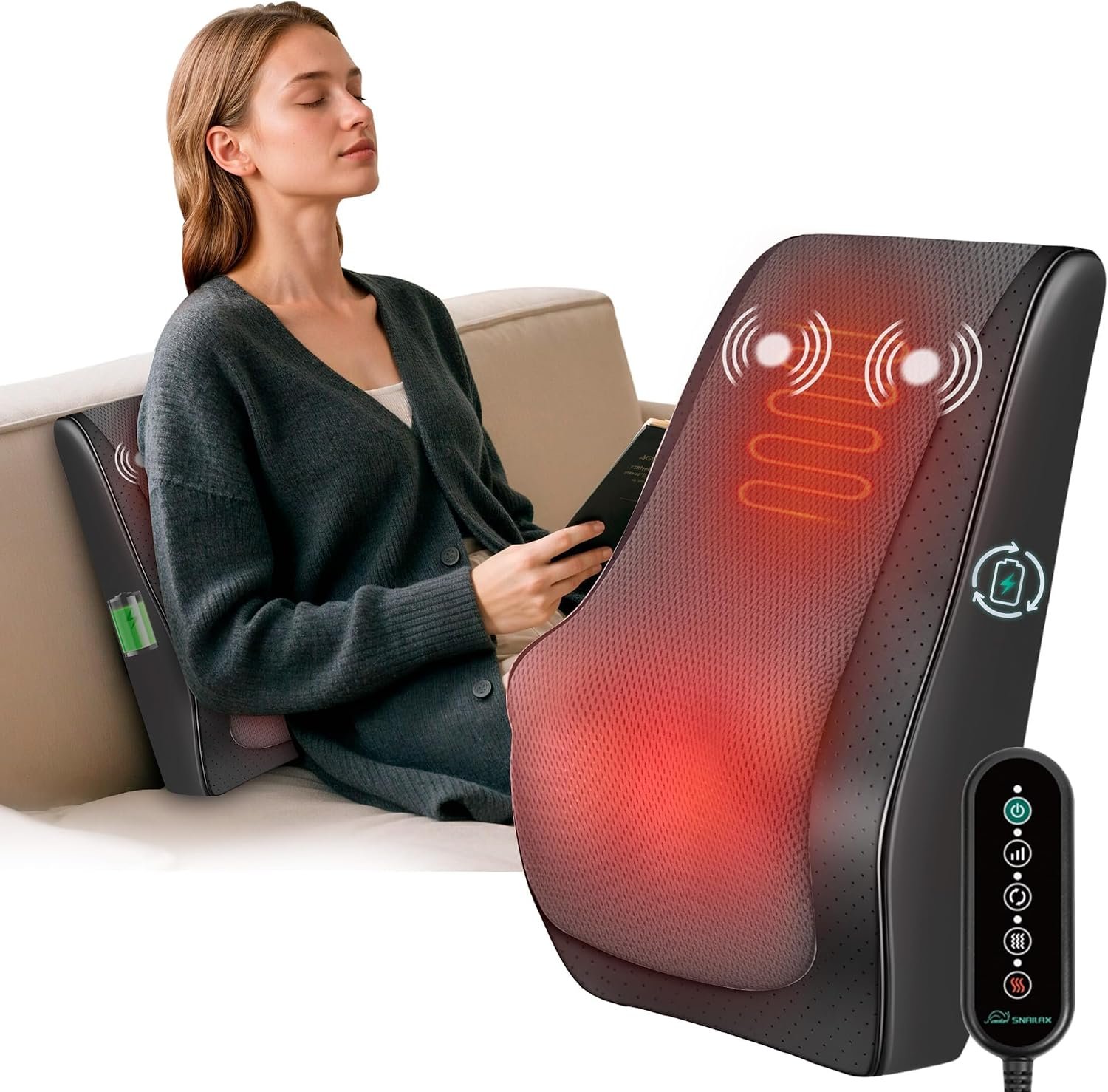 Snailax Shiatsu Back Massager with Heat, Cordless 4D Neck Massage Pillow | 8 Nodes, 3 Vibration Modes, 2500mAh Battery, 2-Hour Runtime, 30-Min Auto-Off, Deep Kneading, Detachable Intensity Flap