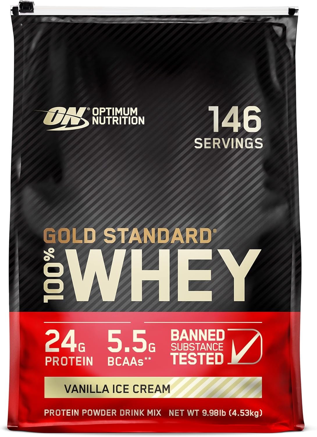 Optimum Nutrition, Gold Standard 100% Whey Protein Powder, Vanilla Ice Cream, 9.98 lb, 146 Servings