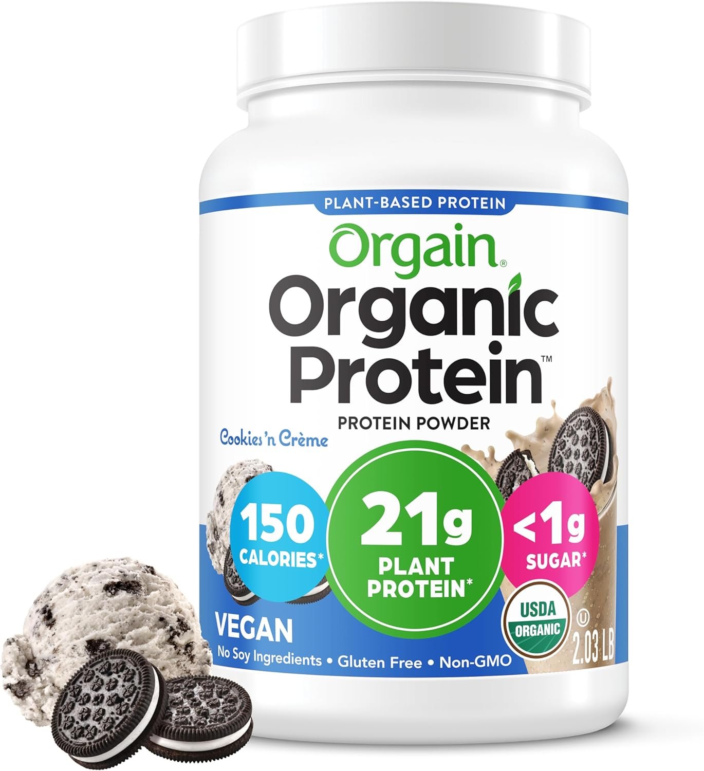 Orgain Organic Vegan 21g Protein Powder, Cookies & Cream, 2.03 lb