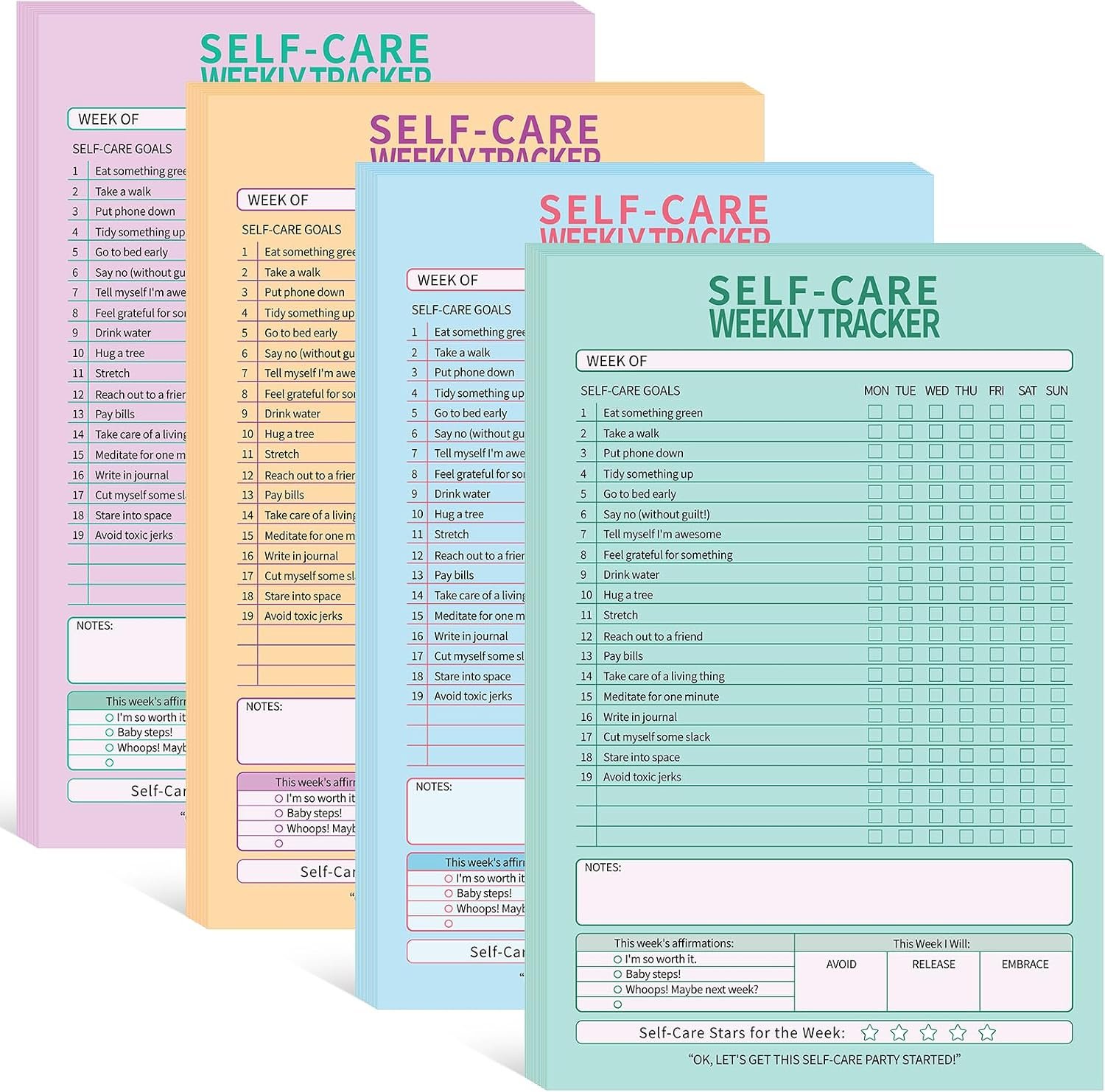 Cholemy 4 Pcs 240 Sheet Daily Checklist Weekly Tracker Pad 6 x 9 Inch Undated Notepad Productivity Schedule for Organizing Goals Mental Health Wellness Meal Prep Planner, 4 Colors (Self Care)