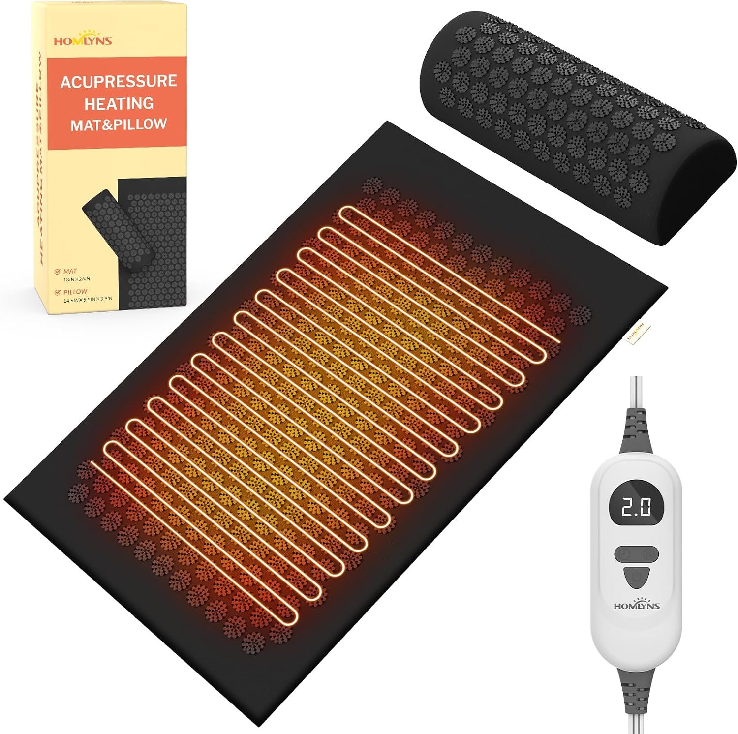 HOMLYNS Heated Acupressure Mat, 6 Heat Levels, 2-Hour Auto-Off | 4 timer settings, mat and pillow set, cotton cover, detachable power cord