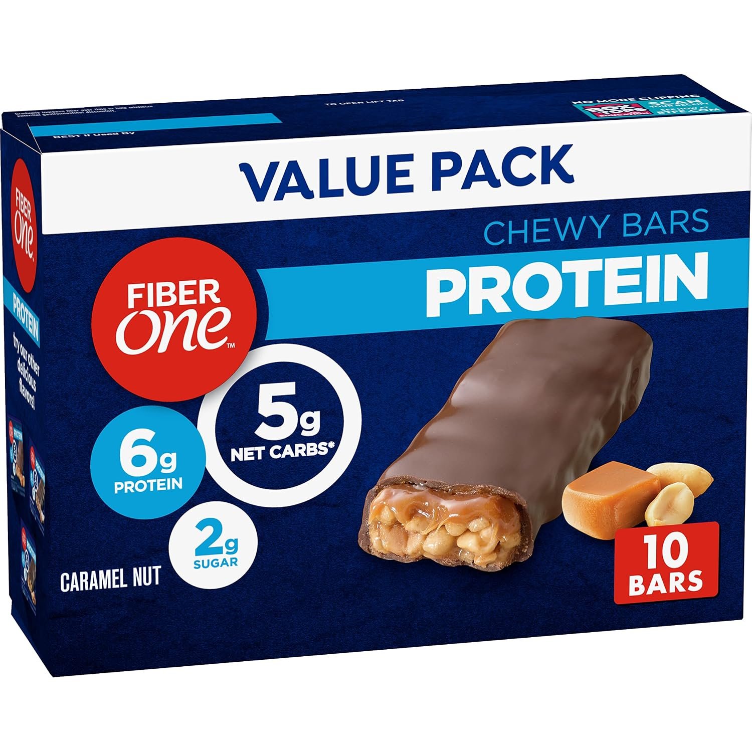 Fiber One Caramel Nut Chewy Protein Bars, Protein Snacks, 10 ct | 6G Protein & At Least 20% Daily Value of Fiber per Bar, 2g Sugar, 5g Net Carbs, Chocolate-Coated with Caramel & Peanuts