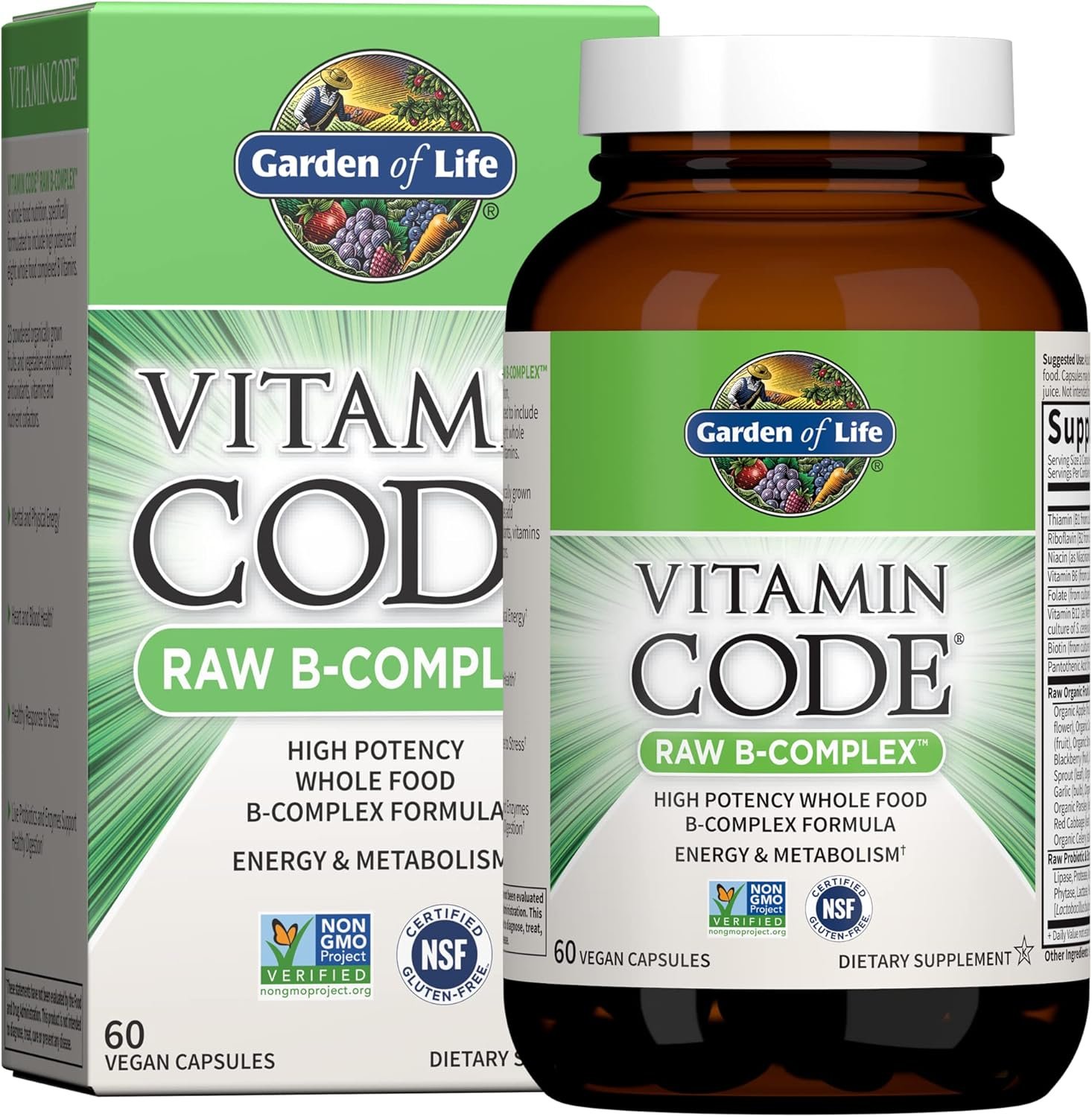 Garden of Life Vitamin B Complex, 60 Vegan Capsules, High Potency Vitamins for Energy & Metabolism with B6, Folate & B12 as Methylcobalamin plus Probiotics | High Potency Vitamins for Energy & Metabolism with B6, Folate & B12 as Methylcobalamin, Vegan