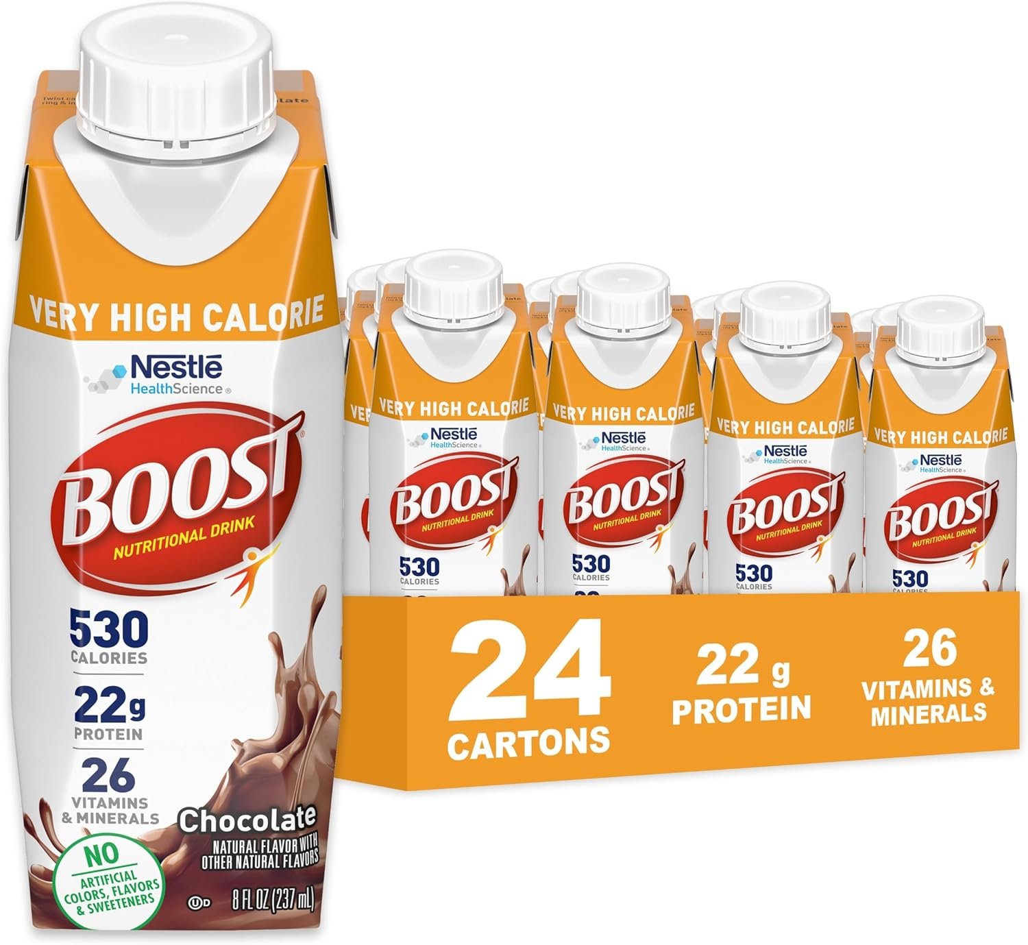 BOOST Very High Calorie Nutritional Drink – Helps Weight Gain & Maintenance – 530 Calories – 26 Vitamins & Minerals – 22 g Protein – Calorie-Dense Nutritional Drink – Chocolate – 8 fl oz (Pack of 24)