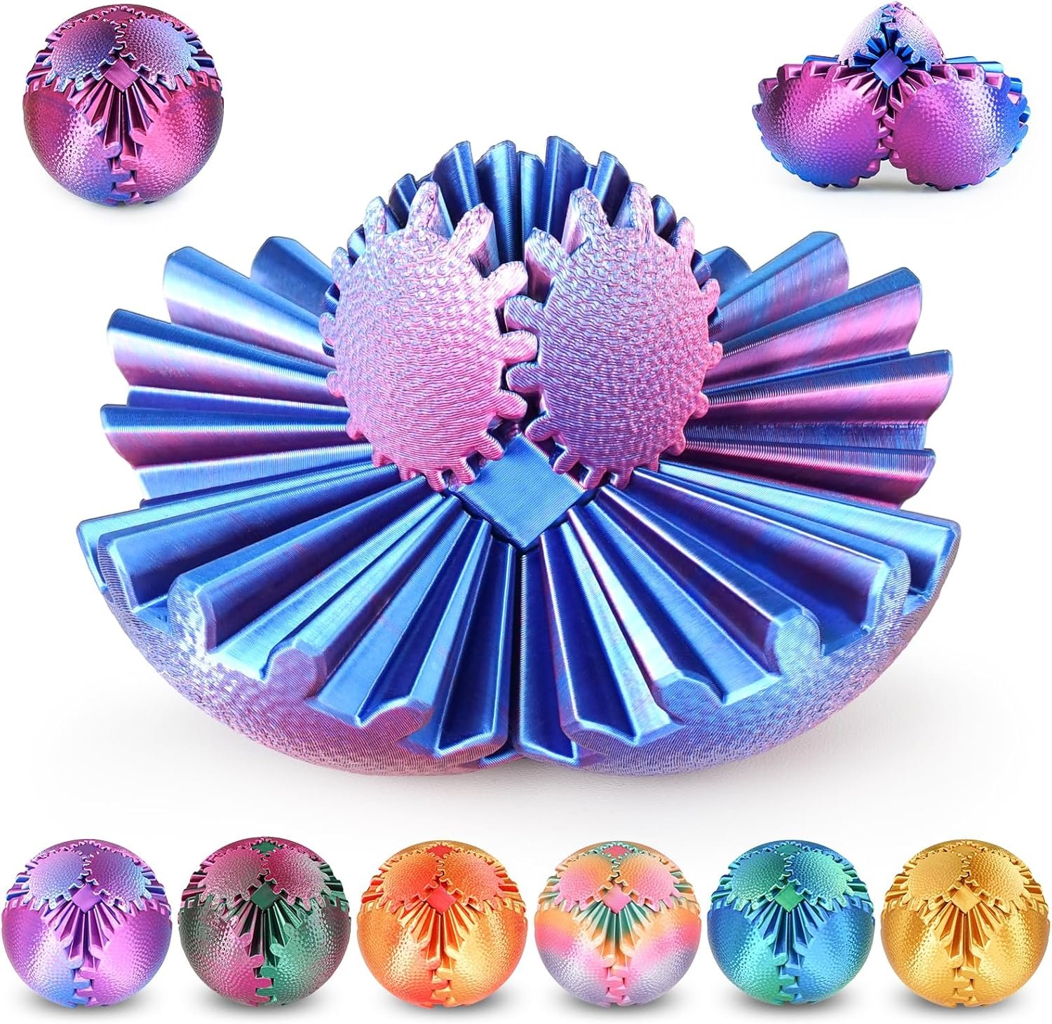 Gear Ball Fidget Toys Steampunk Gear Sphere Stress Relief for Kids Adults 3D Printed Unique Funny Birthday Gift for Christmas White Elephant Stocking Stuffer Easter (Ombre Purple, Dia. 2.5″ )
