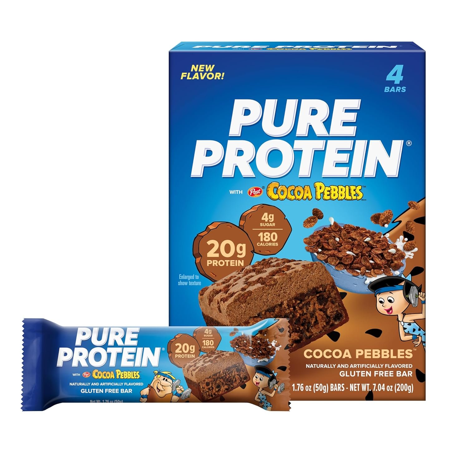 Pure Protein Cocoa PEBBLES™ Protein Bars, 20g Protein, Gluten Free, 4 Ct | 4g Sugar, 180 Calories, Low Sugar* High Protein Snack