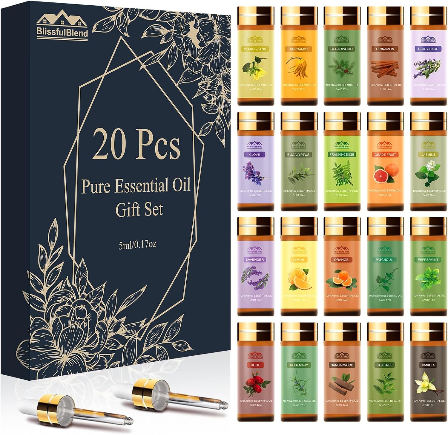 Pure Essential Oils for Diffuser for Home & Hotel, 20 PCs x 5ML (0.17oz) | Fragrance Oils for Candle & Soap Making, Skin Care, 20 Scents – Lavender, Peppermint, Frankincense, Cinnamon, Rose and More