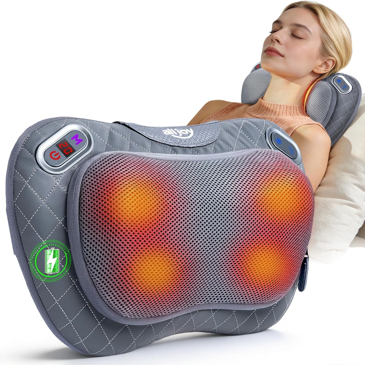ALLJOY Cordless Neck and Back Massager with Heat & LCD Display – Rechargeable Shiatsu Massage Pillow for Muscle Pain Relief, Use While Charging, Gifts for Women Men