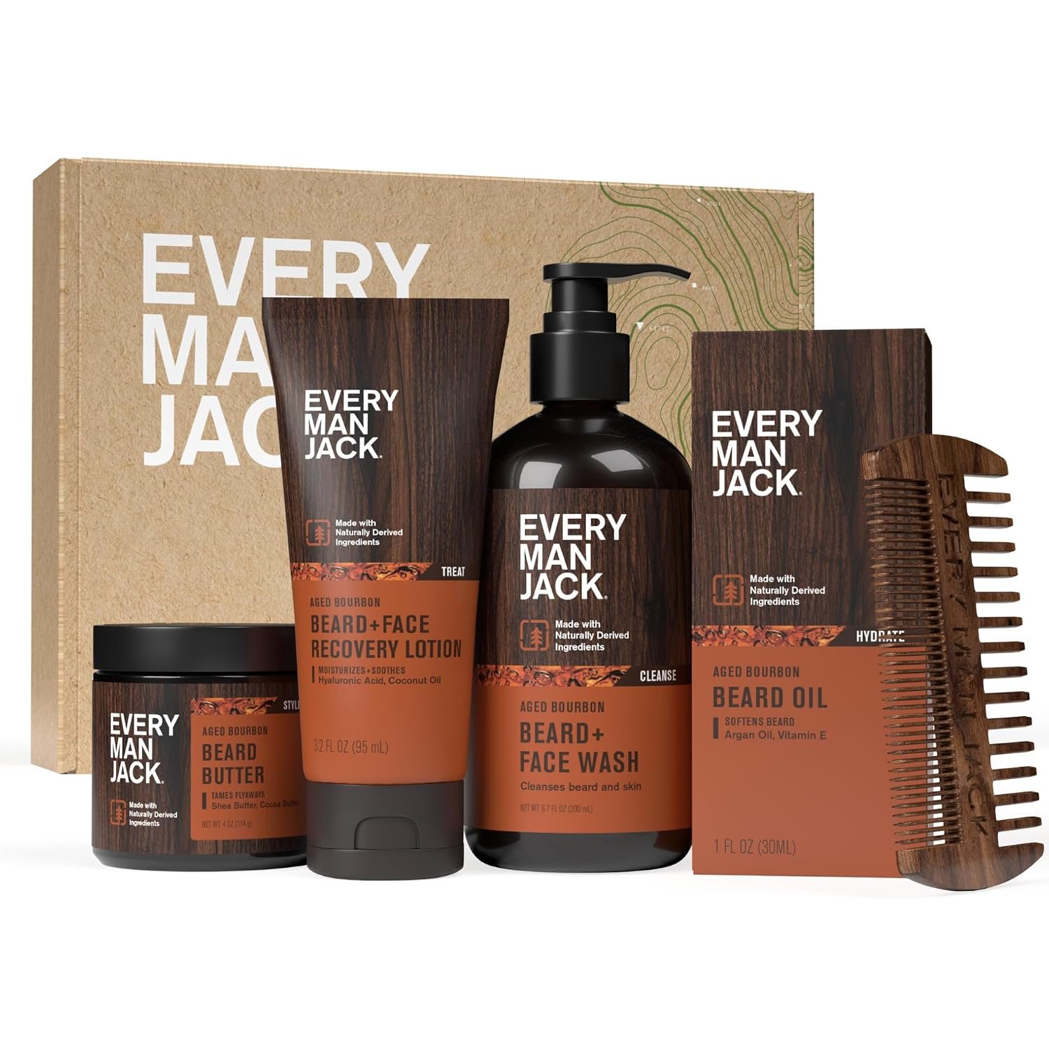 Every Man Jack Beard Essentials Gift Set for Men – Complete Routine with 5 Full-Size Essentials – Aged Bourbon Scent – Beard & Face Wash, Lotion, Oil, Butter & Comb