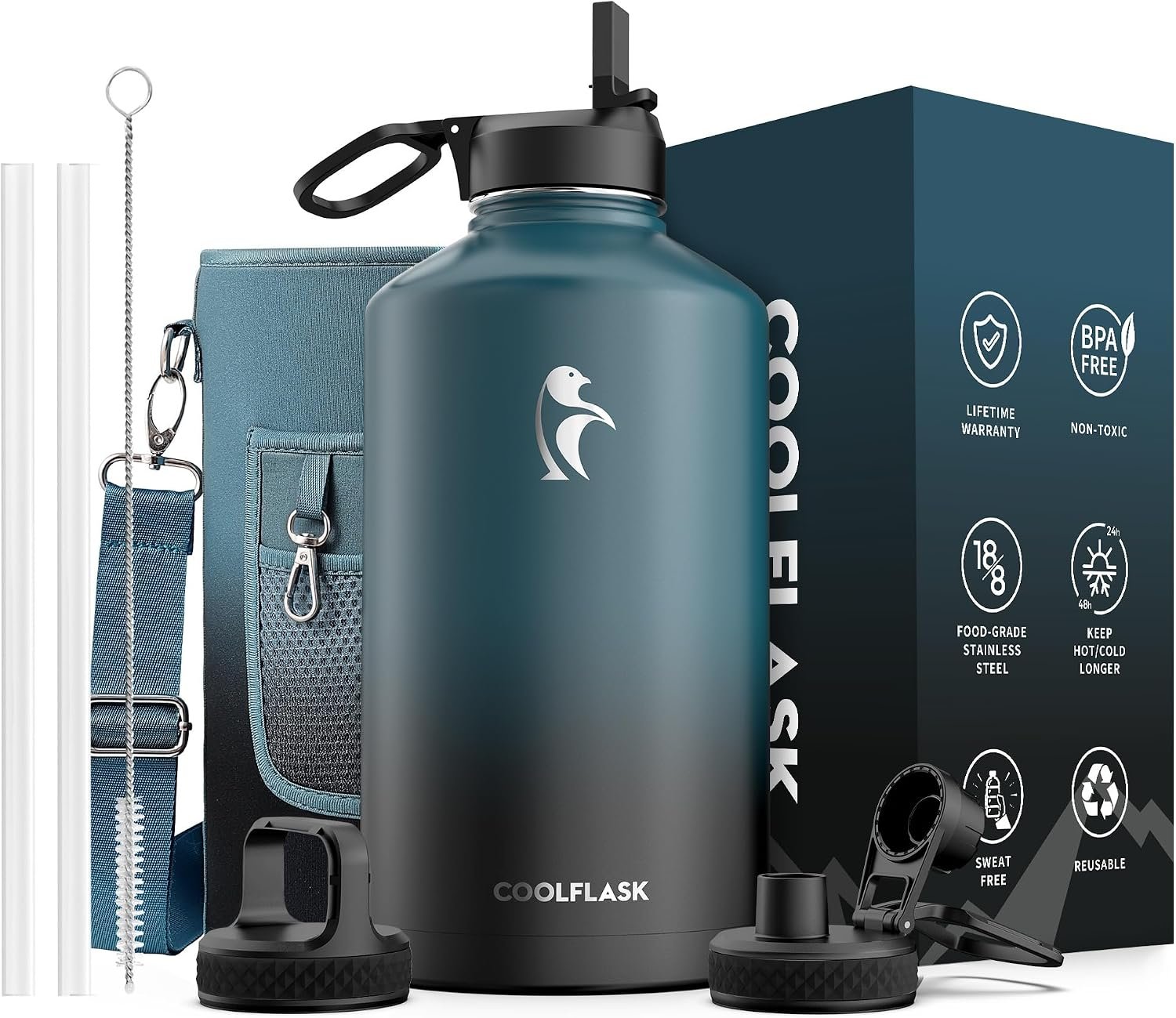 Coolflask 128 oz Gallon Water Bottle Insulated with Straw & 3 Leakproof Lid | Large Water Jug Stainless Steel Triple-Wall, Cold 48+h/Hot 24+h, Dishwasher Safe, BPA-Free, for Outdoor Gym & Hiking