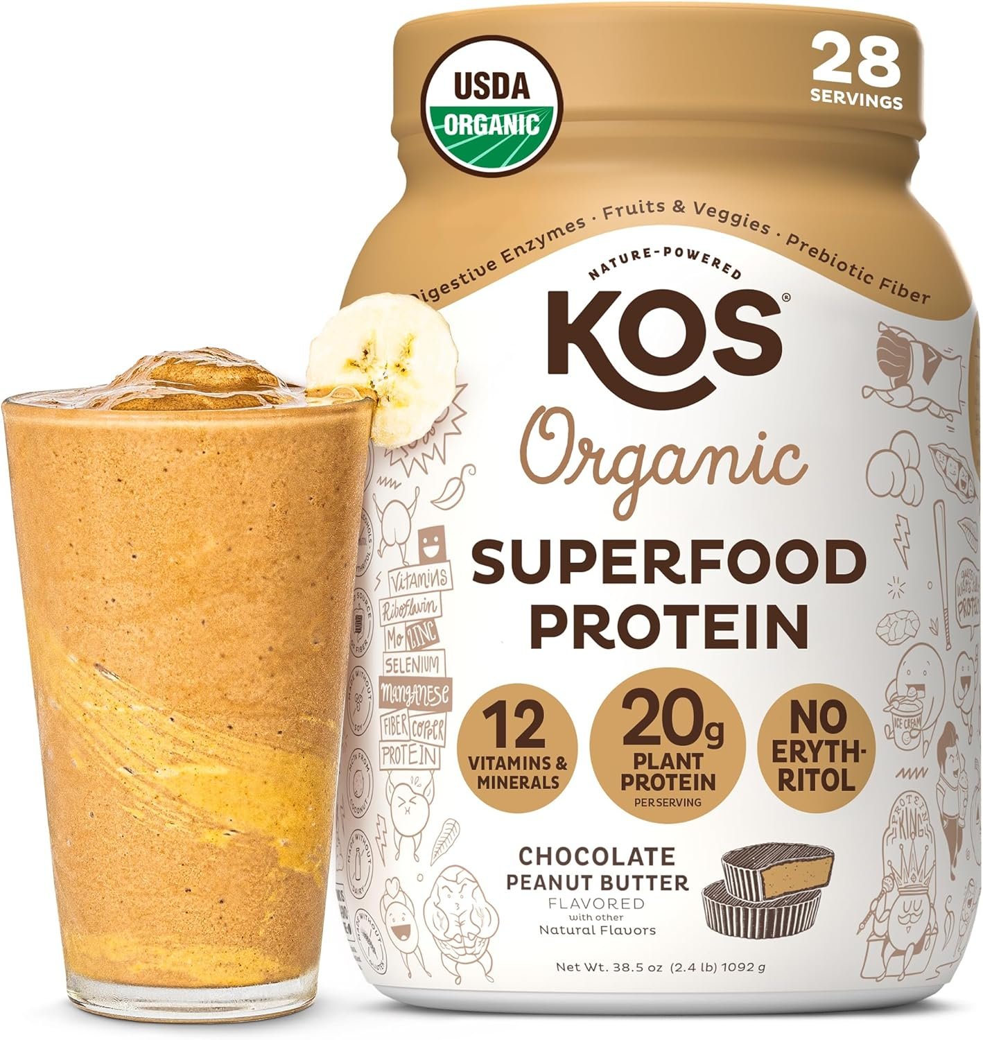 KOS Organic Plant Based Protein Powder, Chocolate Peanut Butter – Delicious Vegan Protein Powder Meal Replacement – Keto Friendly, Gluten Free, Dairy Free & Soy Free – 2.4 lbs, 28 Servings