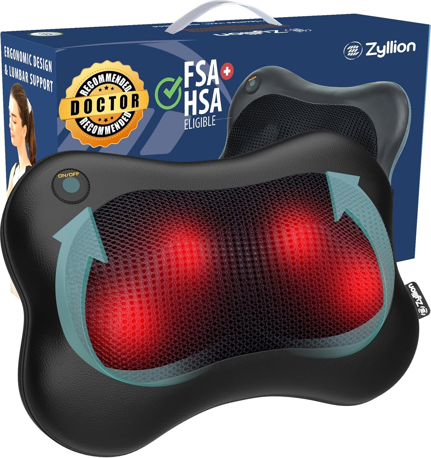 Zyllion ZMA-13RB Back and Neck Massager with Heat for Pain Relief, Black | Cordless, Shiatsu, Deep Tissue, USB-C Rechargeable, 3D Kneading, Electric, Massage Pillow, Muscle Therapy, Doctor Recommended