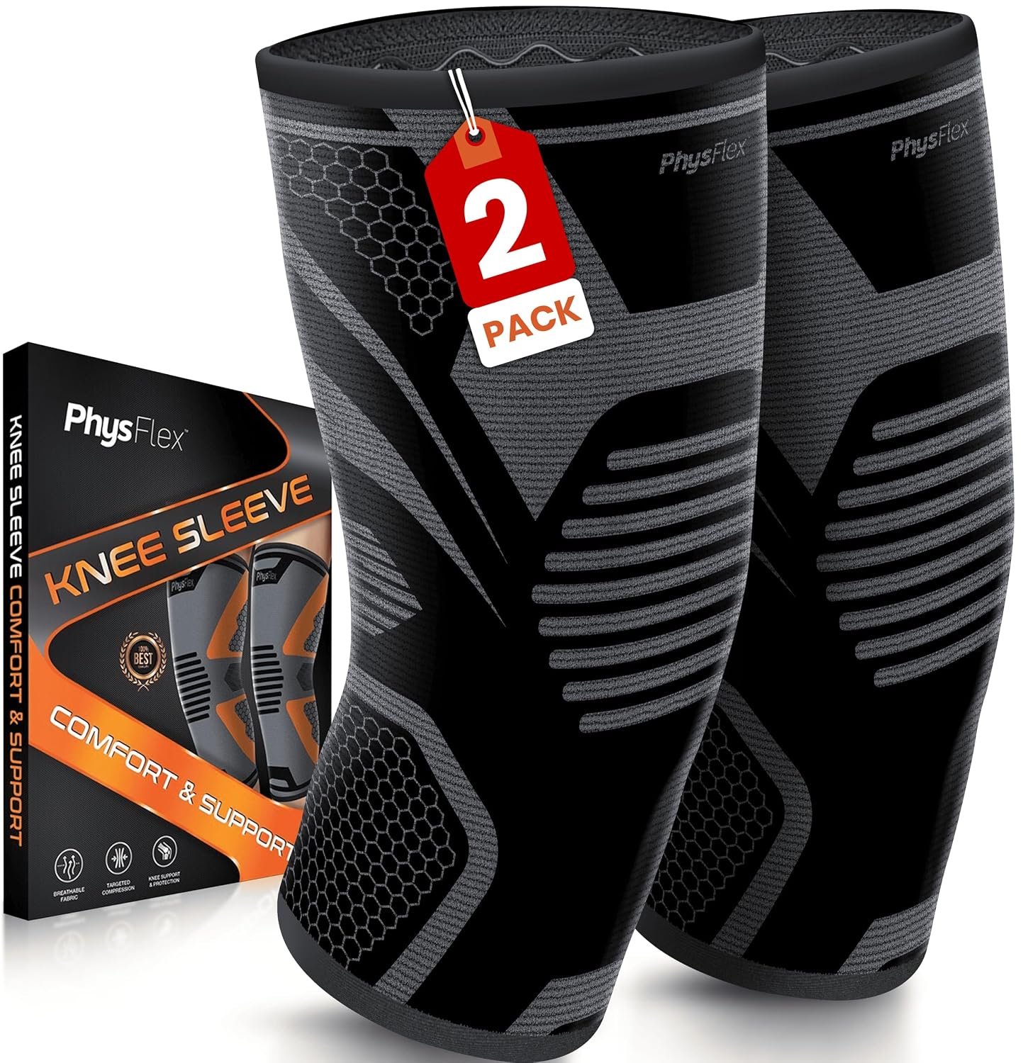 PhysFlex Knee Brace for Pain Relief – Knee Compression Sleeves for Men and Women – Support for Weightlifting, Gym, Workout, Volleyball, Arthritis (L, Black)