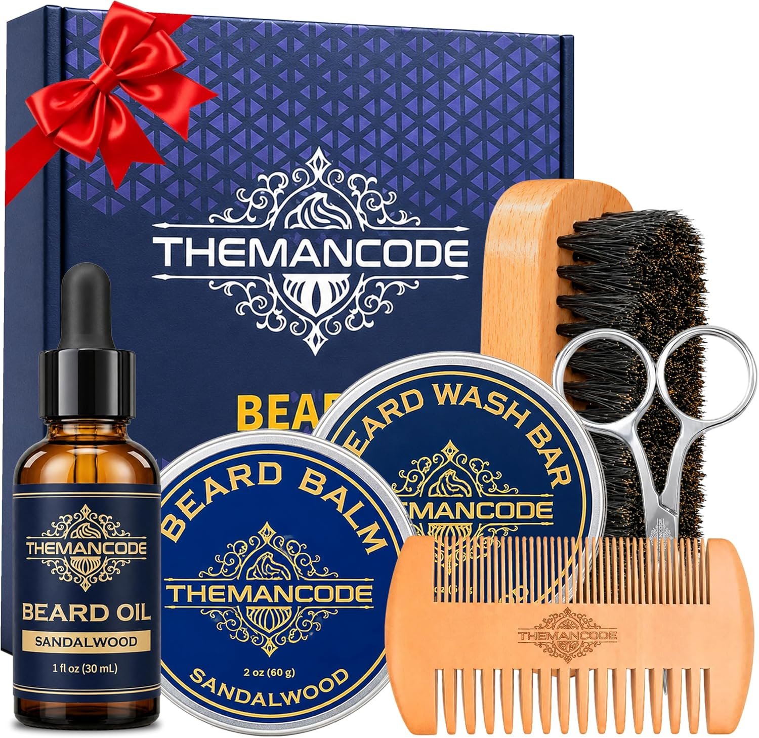 THEMANCODE Beard Grooming Kit for Men, Gift for Men, Sandalwood Beard Care Kit with Oil, Balm, Wash Bar, Brush, Comb and Scissors