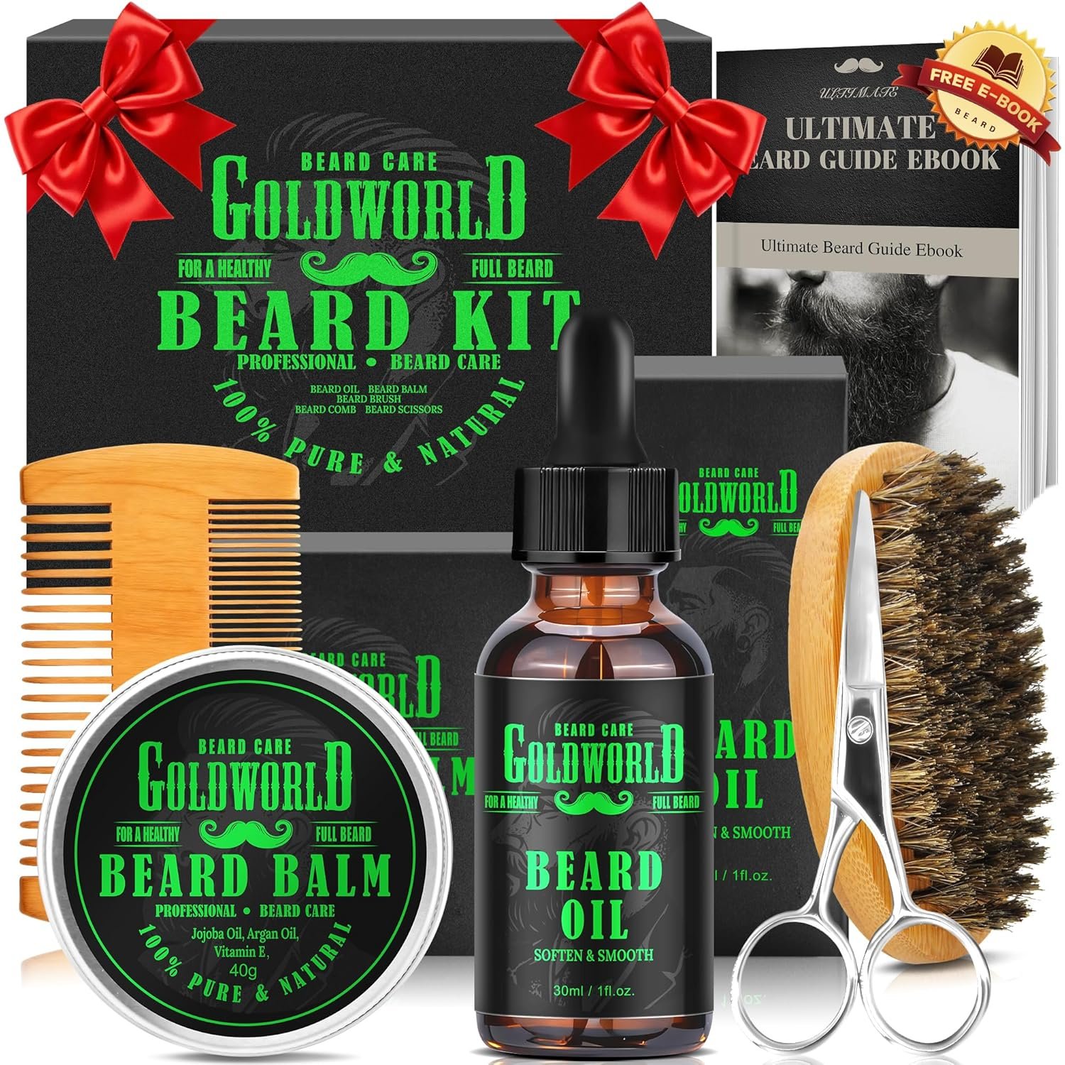 Beard Kit w/Natural Ingredients Beard Oil,Balm,Comb,Scissor,Guide e-Book, | Christmas Stocking Stuffers Gifts Ideas for Men Him Dad Boyfriend Husband Mens