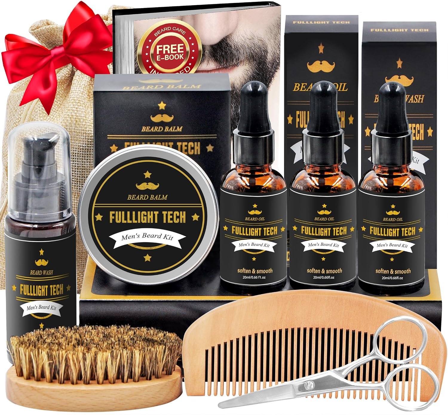 Beard Kit Gifts for Men, 3 Natural Beard Oil, Gently Soothes Itch & Dryness | Complete Beard Care & Grooming Kit with Wash,Balm,Oil,Brush,Comb,Scissors, Gift for Men,Dad,Husband on Birthday & Christmas