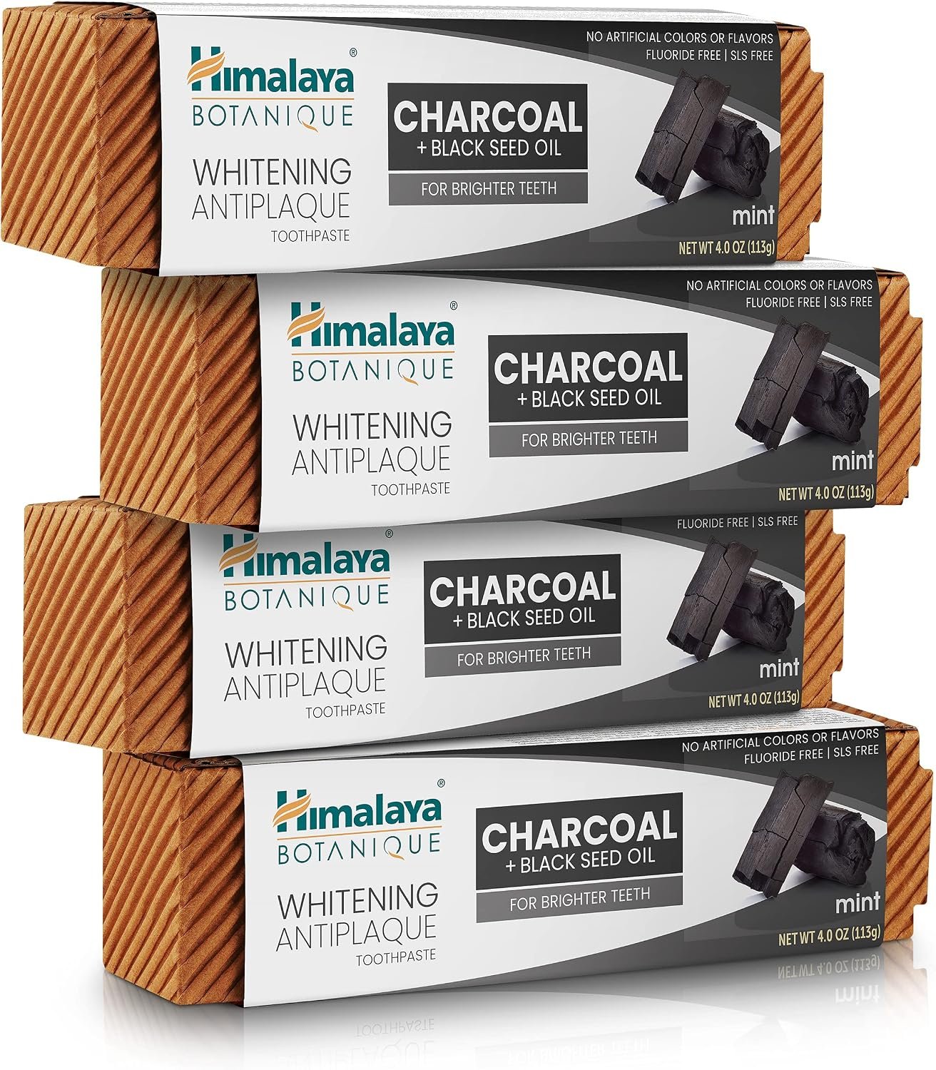 Himalaya Botanique Whitening Antiplaque Charcoal Toothpaste, 4 oz, 4 Pack | Fluoride Free Toothpaste With Charcoal & Black Seed Oil, Whitening Toothpaste, SLS Free, No Artificial Flavors & Colors