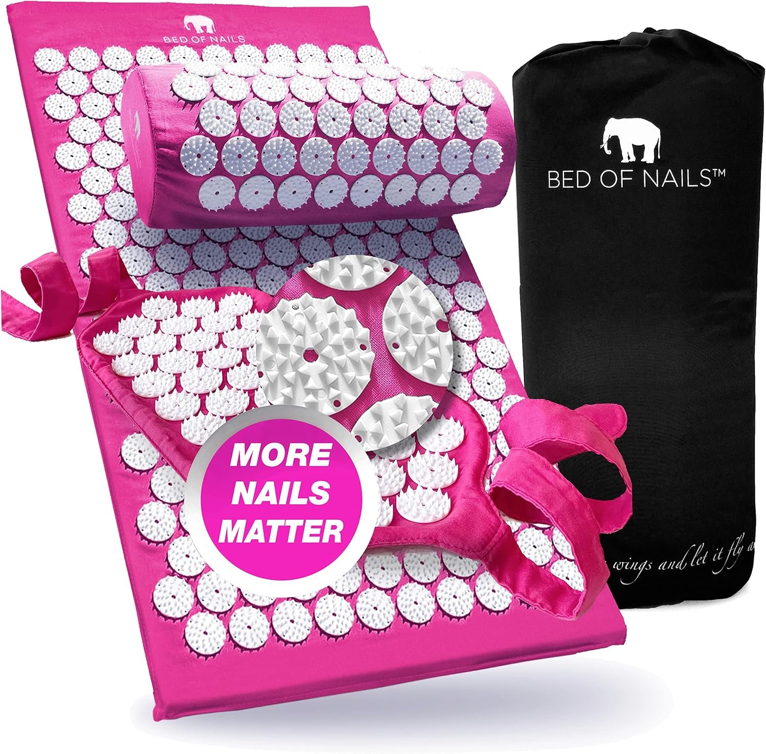 BED OF NAILS The Comfortable Acupressure Mat Pillow Strap Massage Set – Neck and Back Pain Relief, Acupuncture Mat and Pillow Set for Increased Energy & Relaxation, Carry Bag, FSA/HSA Eligible,Pink