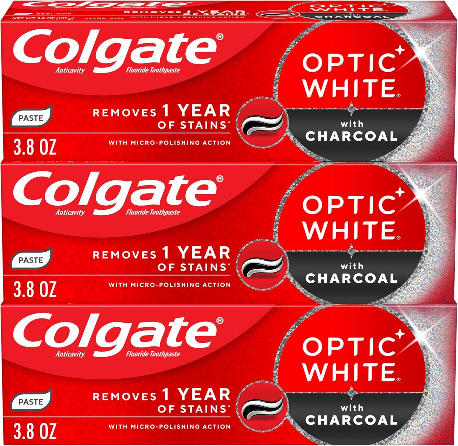 Colgate Optic White Charcoal Whitening Toothpaste, 3 Pack, 3.8 oz | Removes 1 Year of Stains With Micro-Polishing Action, Enamel Safe Whitening for Everyday Use, Fluoride Formulated