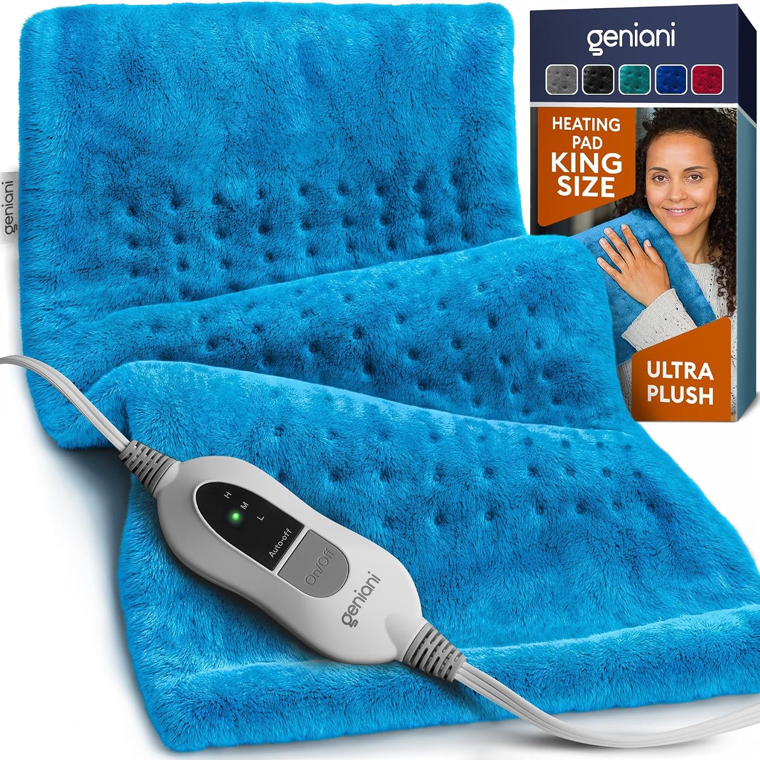 GENIANI Electric Heating Pad for Back Pain & Cramps Relief, Electric Throw, Self Care Gifts for Women, Heating Pad for Neck & Shoulder, Machine Washable Microplush, Auto Shut Off (12×24″, Aqua Blue)
