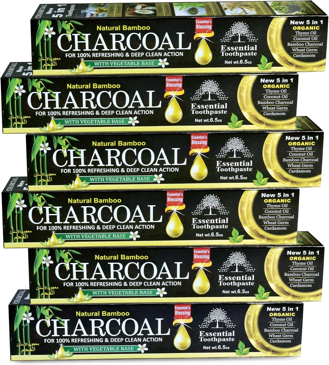 Natural Bamboo Activated Charcoal Essential Toothpaste (100% Fluoride Free) (6 Tubes)