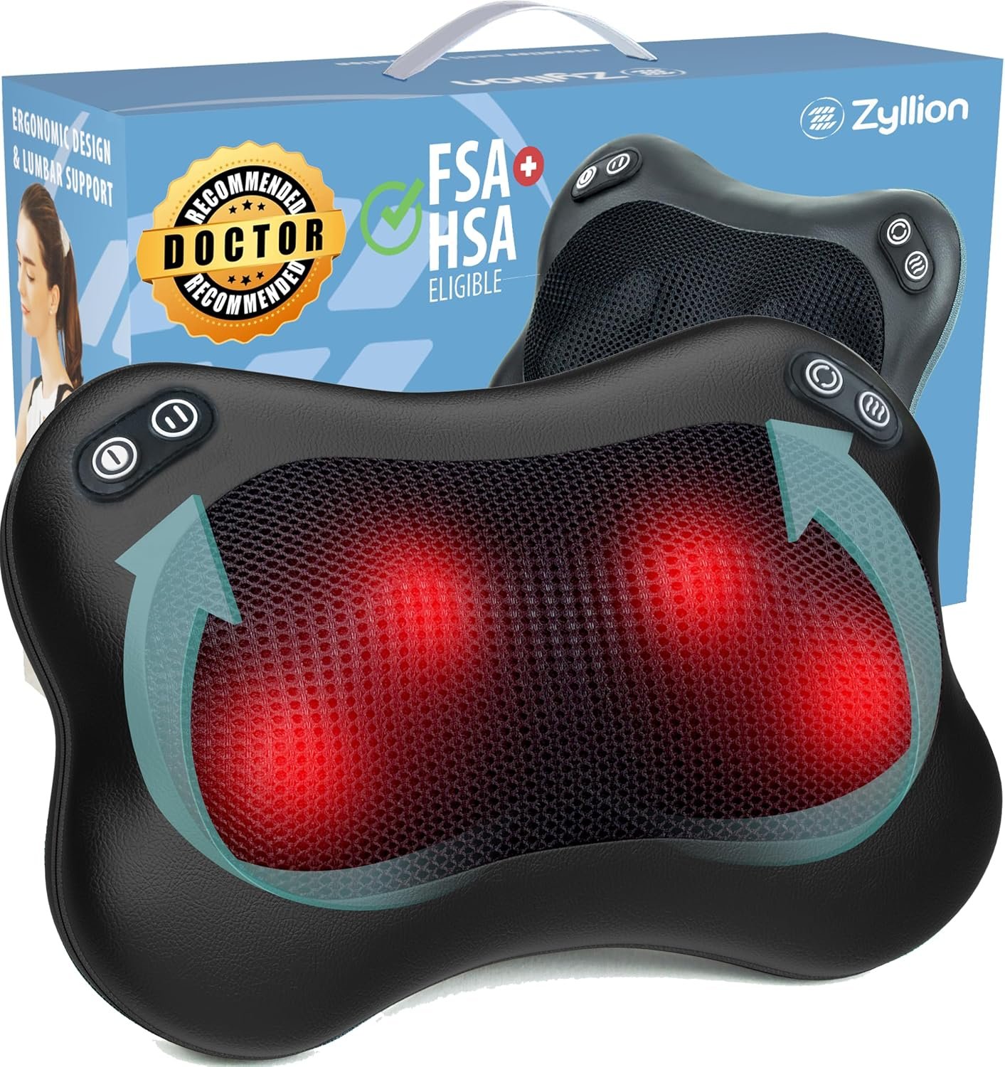Zyllion ZMA-34 Back and Neck Massager with Heat for Pain Relief, Black | Shiatsu, Deep Tissue, Kneading, Massage Pillow, 2 Speeds, Rotation Control, Muscle Therapy, Doctor Recommended, Not Cordless