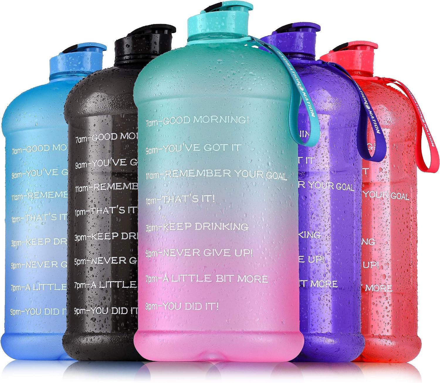 Hydration Nation 1 Gallon Water Bottle with Times to Drink – Motivational Time Reader Leak-Proof Jug with Flip Cap & Strap – 128oz Sports Bottle