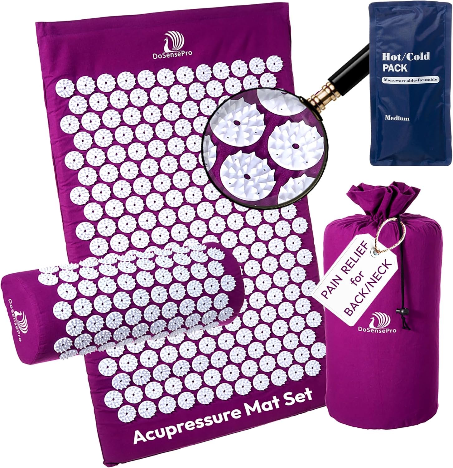 Acupressure Mat & Pillow Set, 4-in-1, 29″, Hot/Cold Pack, Purple | Acupuncture Mat Helps Ease Back, Neck & Sciatica Pain While Supporting Muscle Relaxation, Stress Relief, Recovery And Sleep.