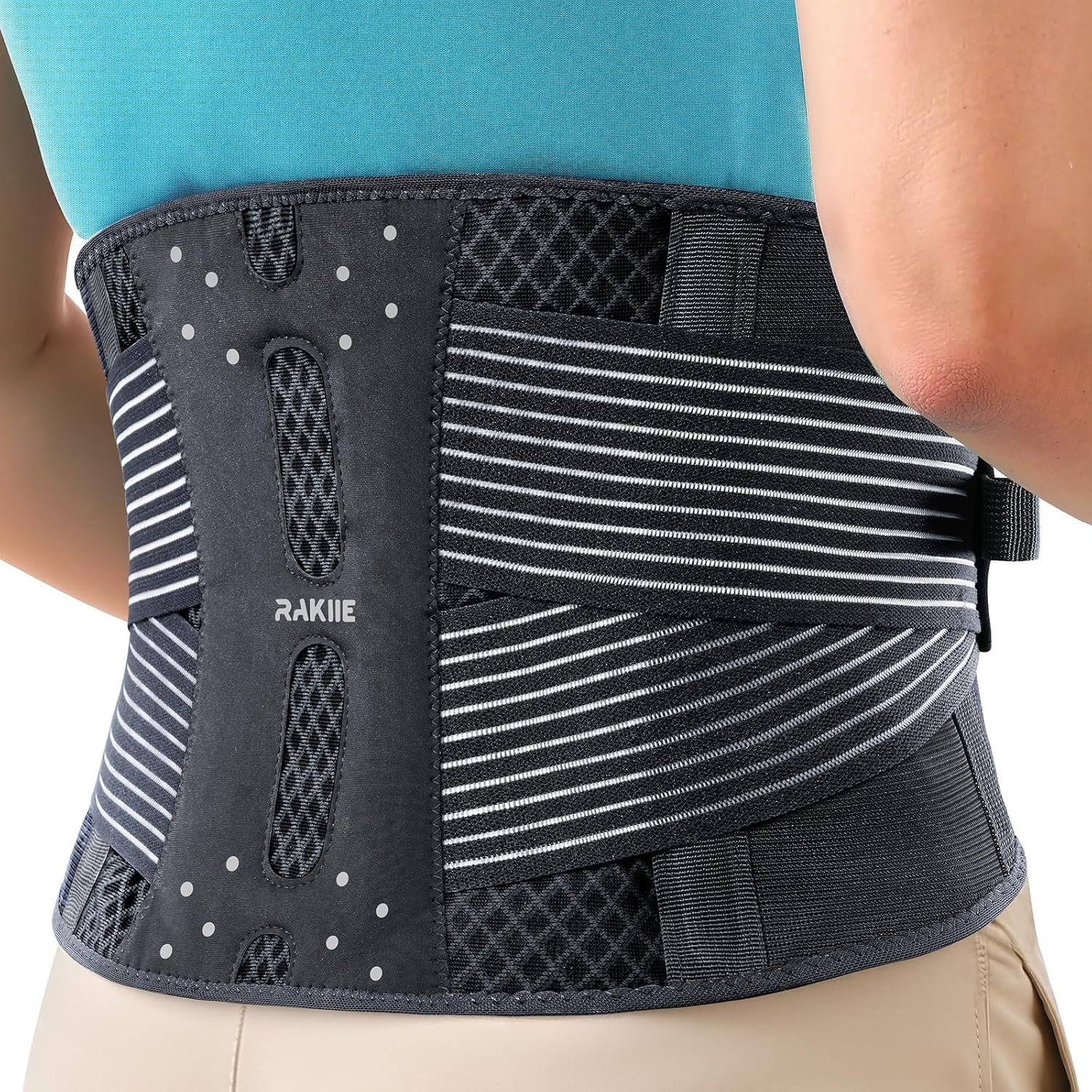 Rakiie Slim Back Brace for Lower Back Pain Relief, Lightweight & Breathable Back Support Brace for Men Women, Ergonomic Light Lumbar Support for Everyday Wear, Light Gray XL
