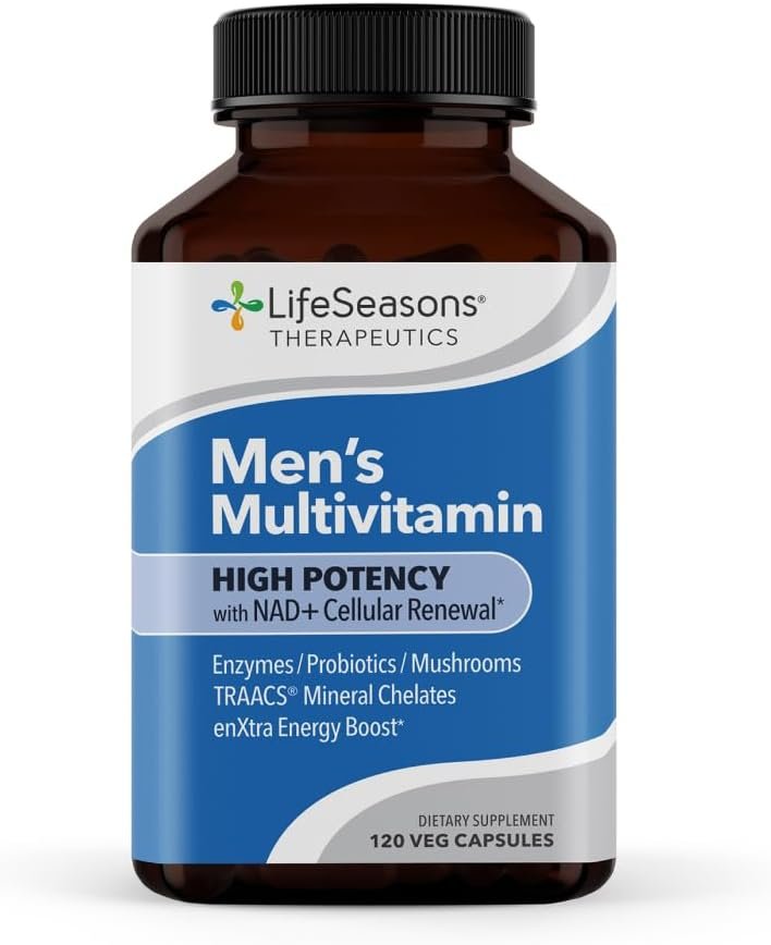 LifeSeasons Men’s Multivitamin – High Potency with 21 Vitamins & Minerals, PureWay-C®, NAD+, Active B-Vitamins, TRAACS® Chelates, enXtra® for Energy, Probiotics & Mushrooms – 120 Veg Capsules