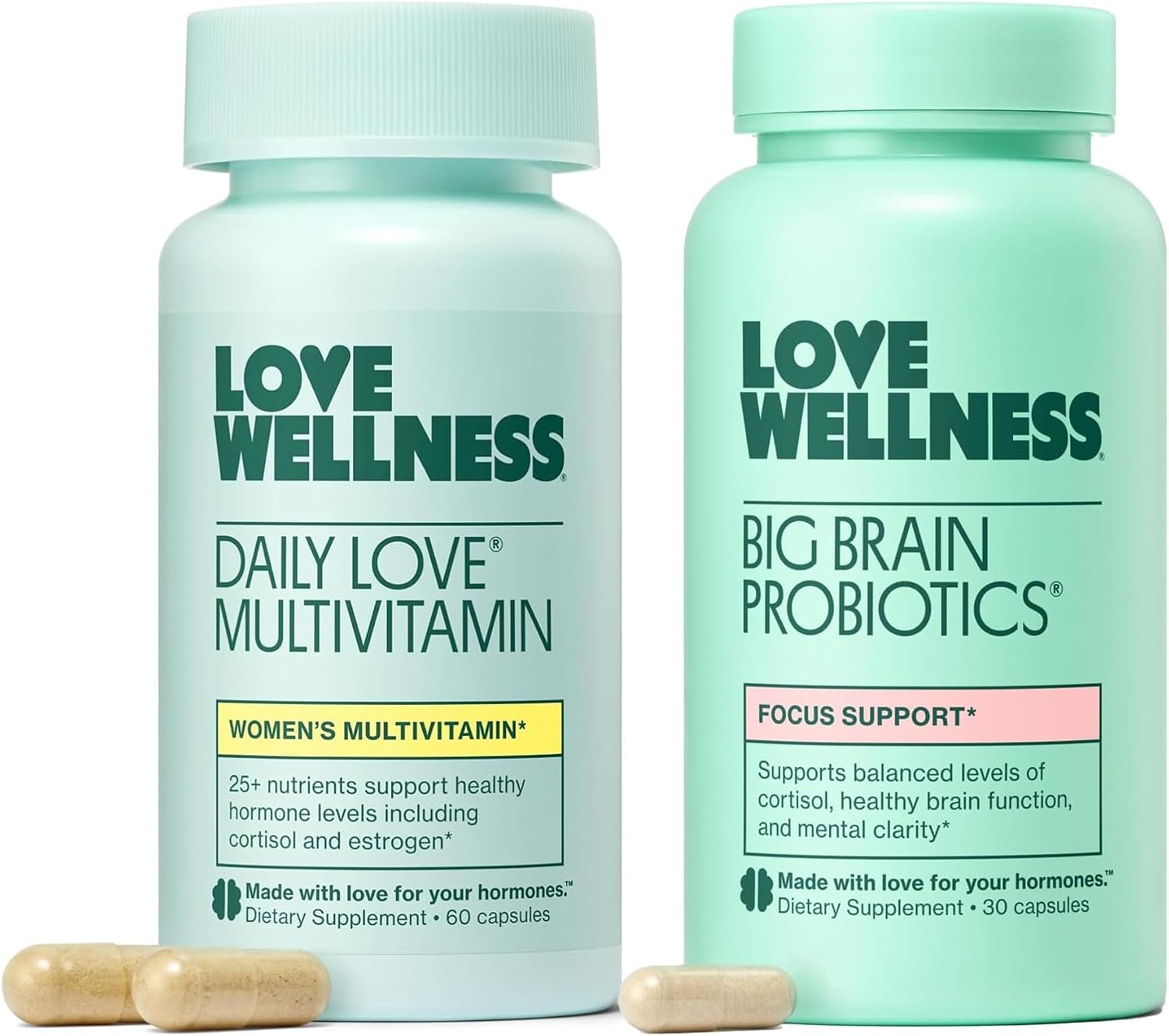 Love Wellness Daily Love Multivitamin & Big Brain Probiotic | Pack of 2 | Women’s mind and body duo dietary supplement, Free of artificial colors, flavors & dyes, 30 days supply